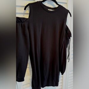 Black Cold Shoulder Dress Mini Thick Knit Ruffled Drawstring Long Sleeve S/M